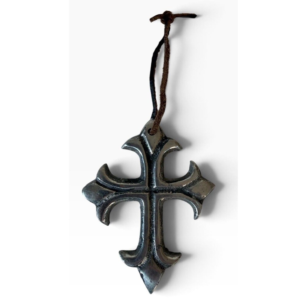 Metal Cross Christian Ornament decorative leather hanger 6in